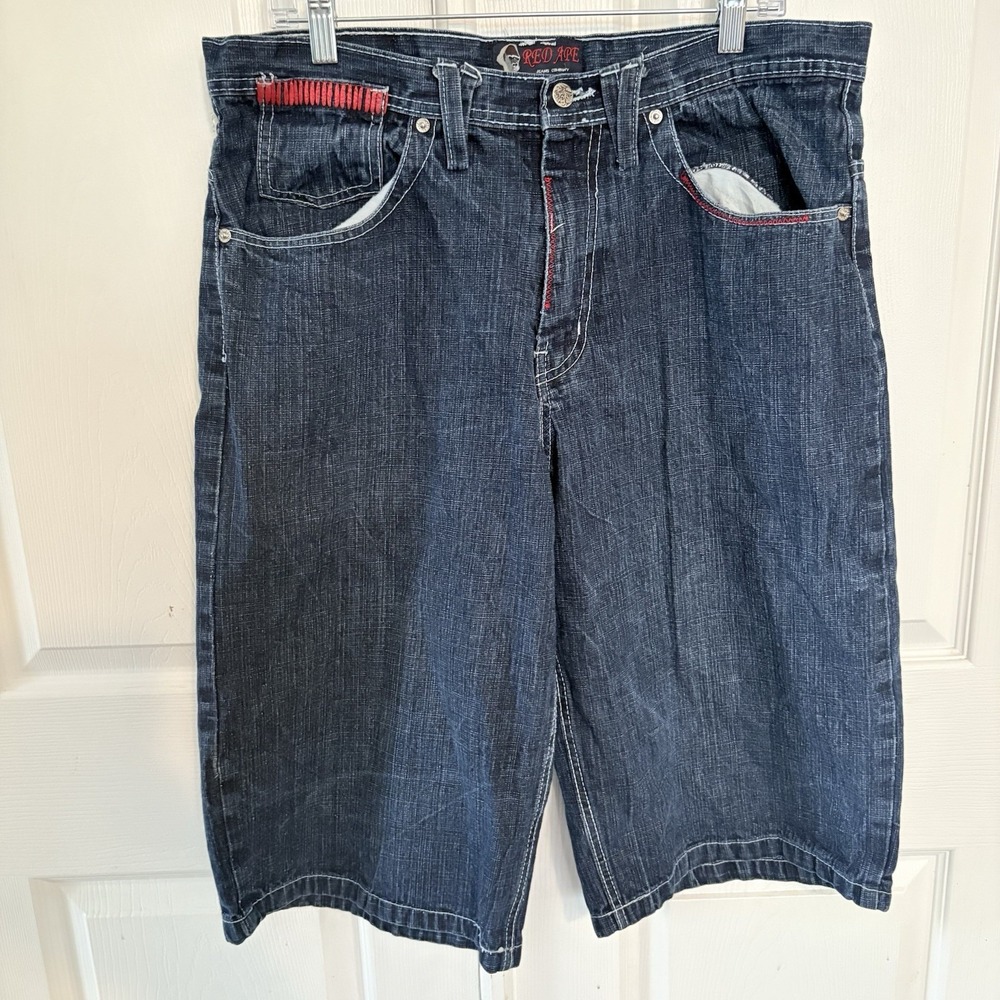 Red‎ Ape Men's Denim Shorts 36 Blue Baggy Wide Leg Embroidered Y2K Hip Hop Skate